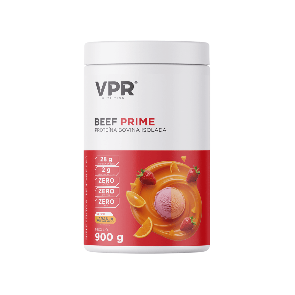 Beef Prime 900g proteína da carne laranja com morango VPR Nutrition – pote frontal