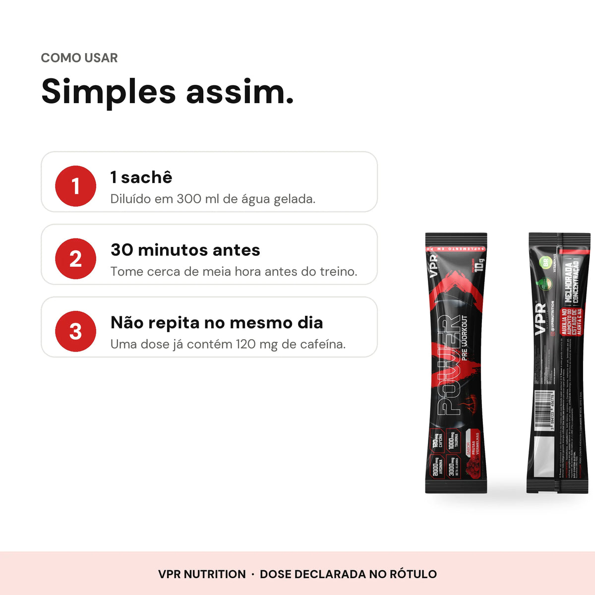 Infográfico: como usar o Pré-Treino V-Power Dose Única (Sachê)