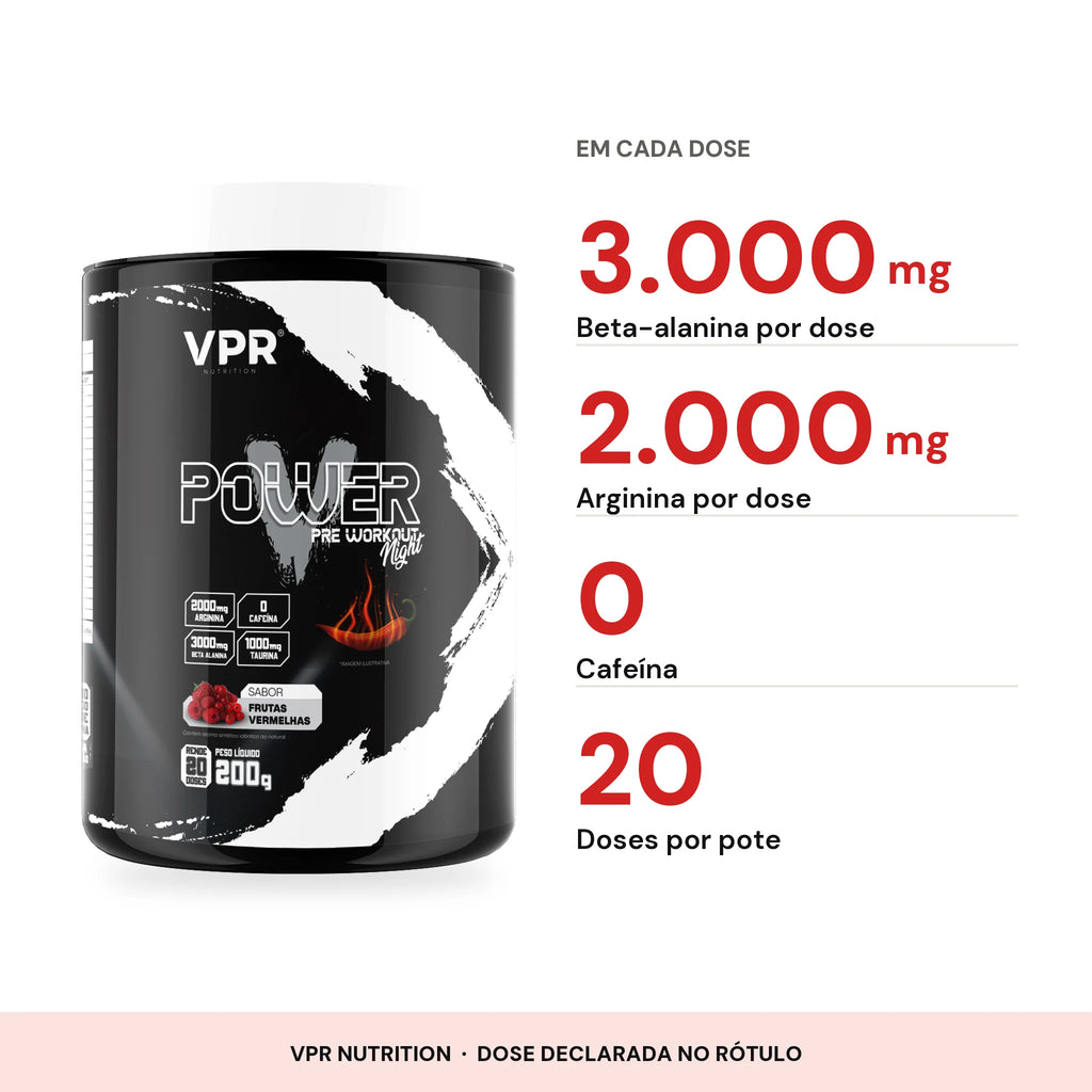 Infográfico: quantidade de cada ativo por dose do Pré-Treino V-Power Night Zero Cafeína